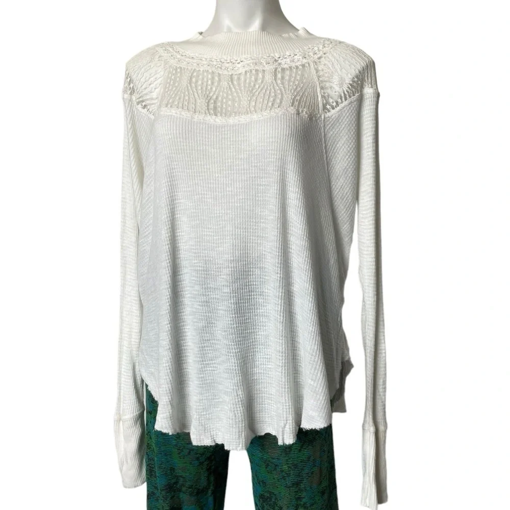Free People - Spring Valley Long Sleeves Top | Women Small | Ivory Crotchet Lace